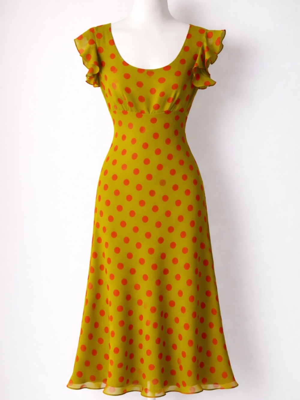 Tracy M. Silk Lime Green Polka Dot Midi Fully Lined Dress Flutter Sleeve size 10